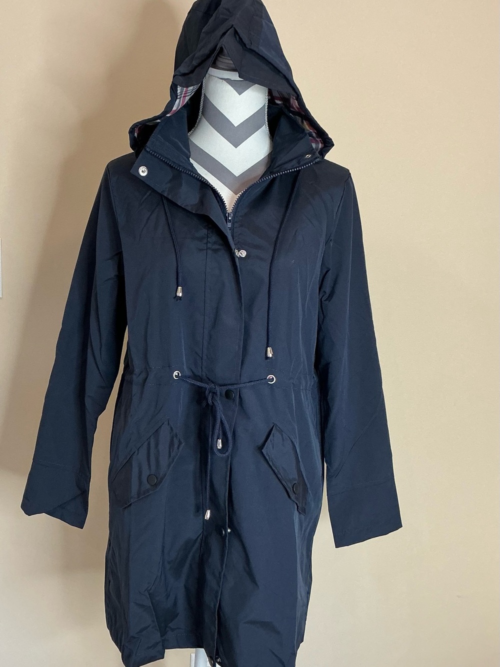 NWOT Navy Zip Up Hooded Women's Coat with Drawstring Waist